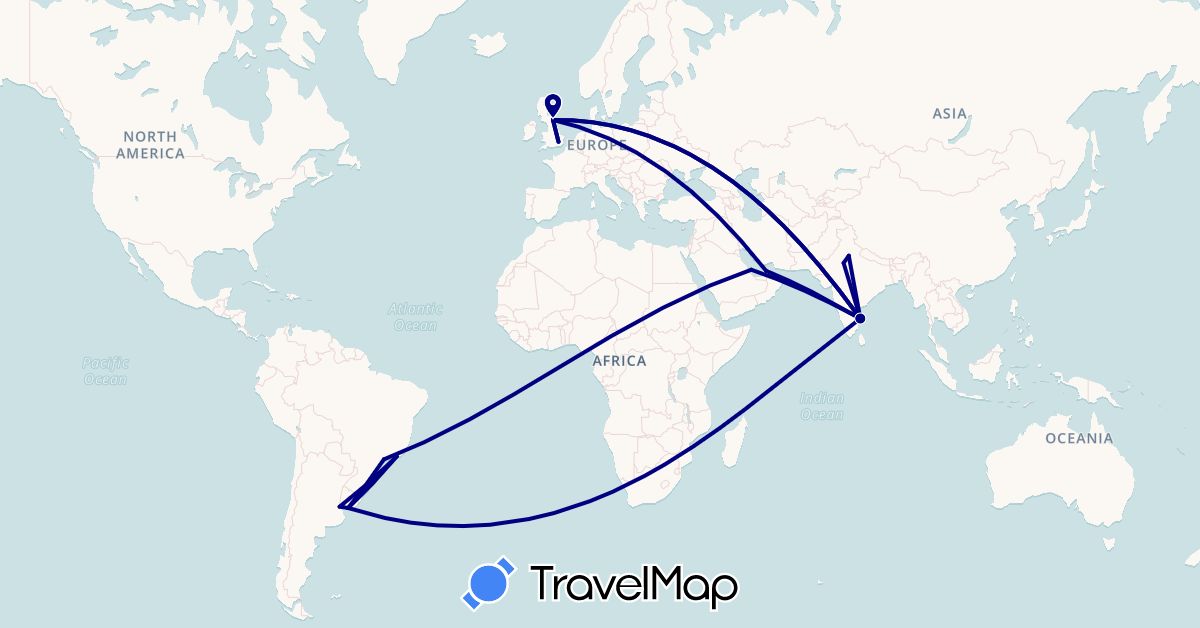 TravelMap itinerary: driving in United Arab Emirates, Argentina, Brazil, United Kingdom, India, Qatar, Uruguay (Asia, Europe, South America)